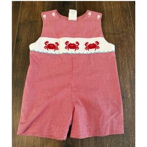 Southern sunshine 6 months Red Gingham Crab Romper smocked